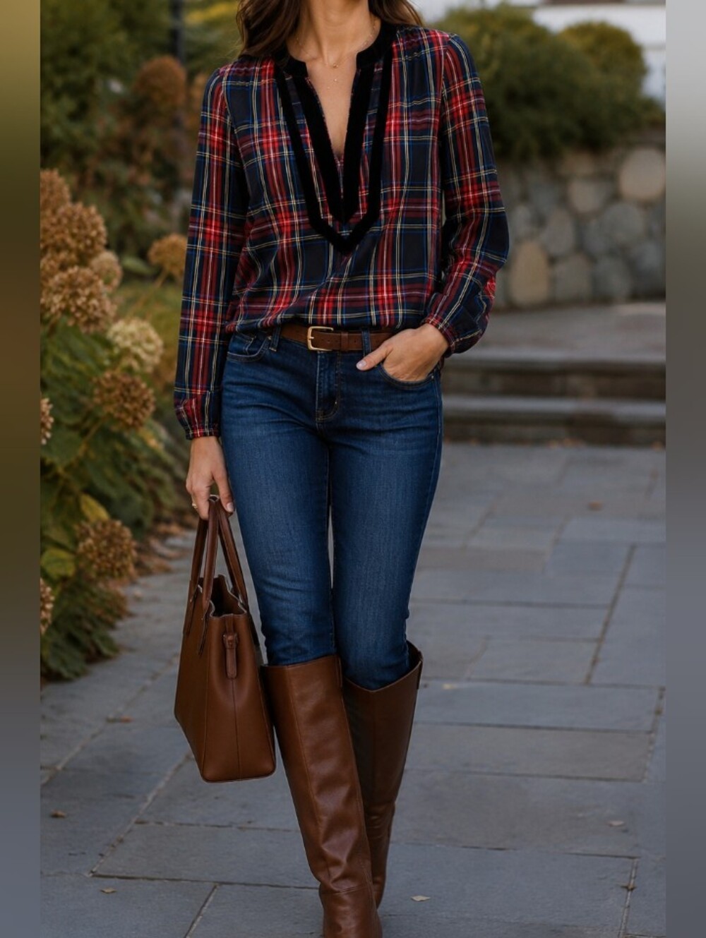 J.Crew Black Red Plaid V-Neck Long Sleeve Cotton Top | Velvet Trim Tartan Blouse